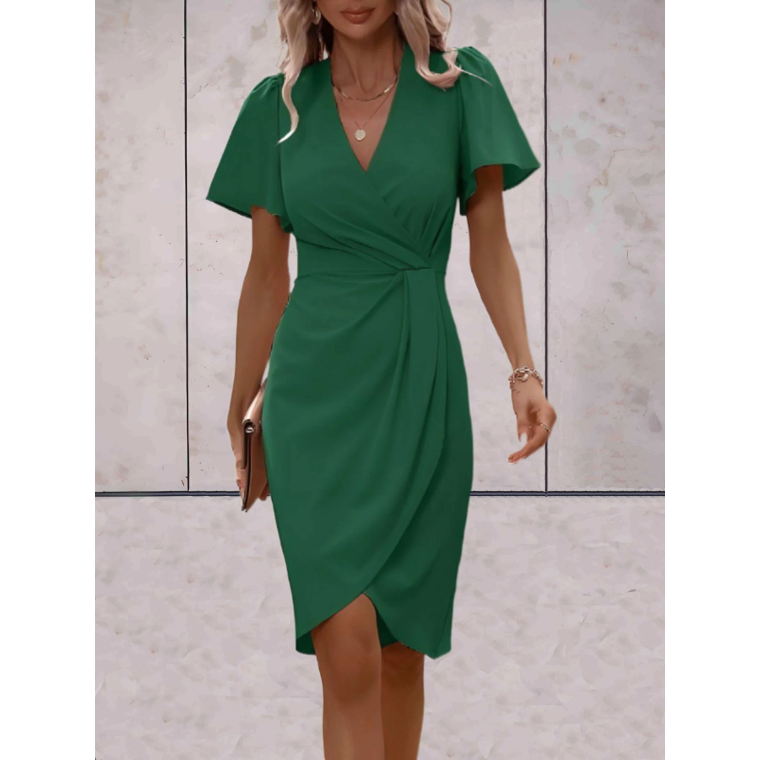 Women's Wrap Midi Dress for Summer – V-Neck with Flutter Sleeves for Formal Occasions 3