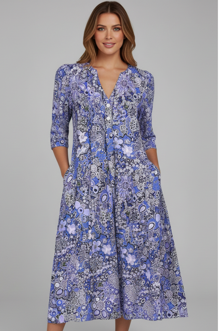 Womens Dress - Floral Midi Dress with V-Neck and Pockets for Summer Casual Wear 0