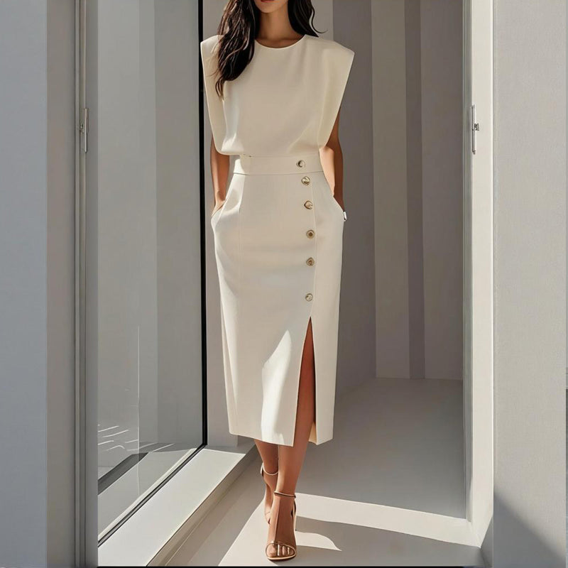 Womens Dress – Tailored Midi Office Dress with Structured Shoulders and Side Pockets 0