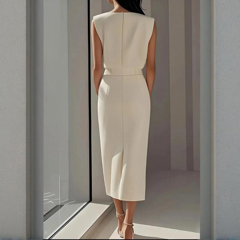 Womens Dress – Tailored Midi Office Dress with Structured Shoulders and Side Pockets 1