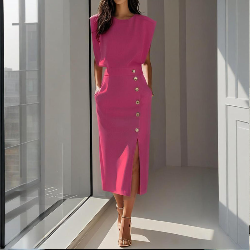 Womens Dress – Tailored Midi Office Dress with Structured Shoulders and Side Pockets 5
