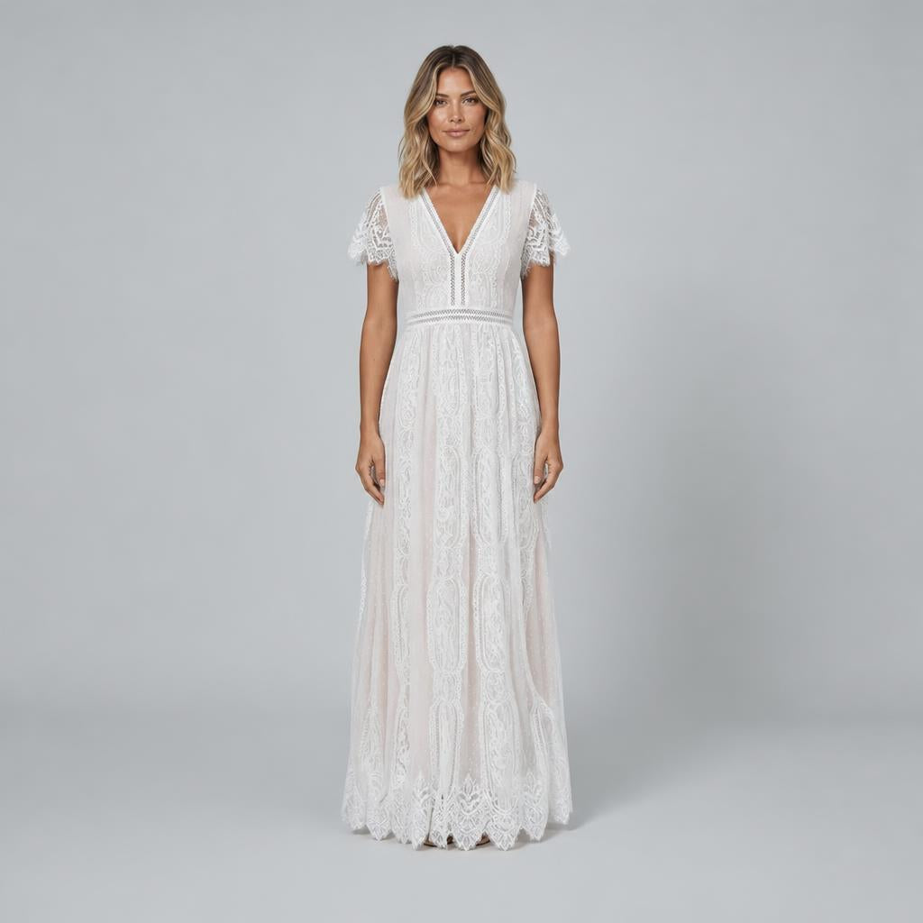 Lace Maxi Dress with V-Neck – Formal Dress for Weddings and Special Events