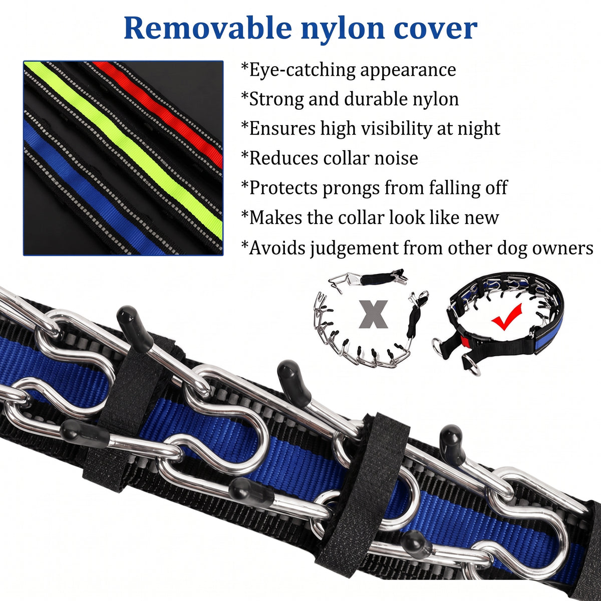 A removable nylon cover for a prong dog collar, shown in blue, red, and yellow, designed to reduce noise and improve visibility.
