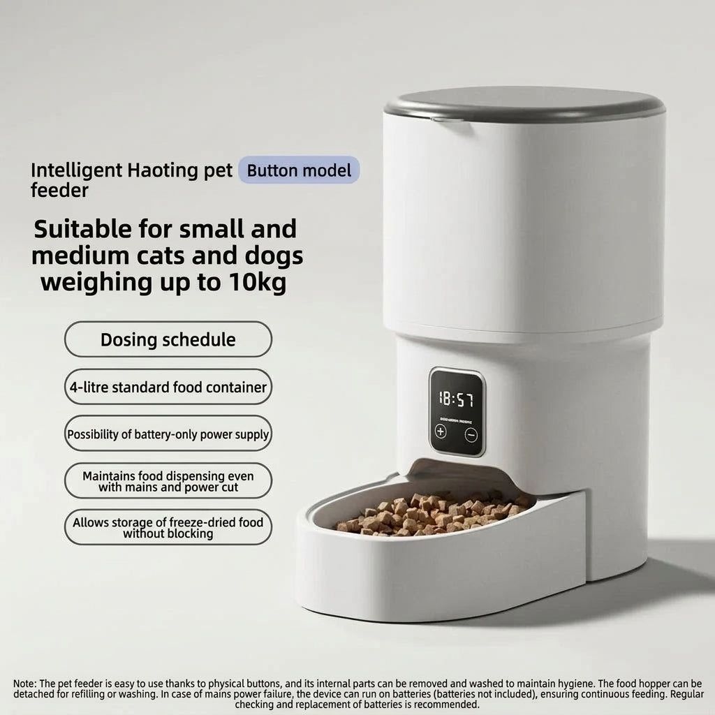 An automatic pet feeder with a 4-litre food container, digital display, and physical buttons for scheduled feeding.