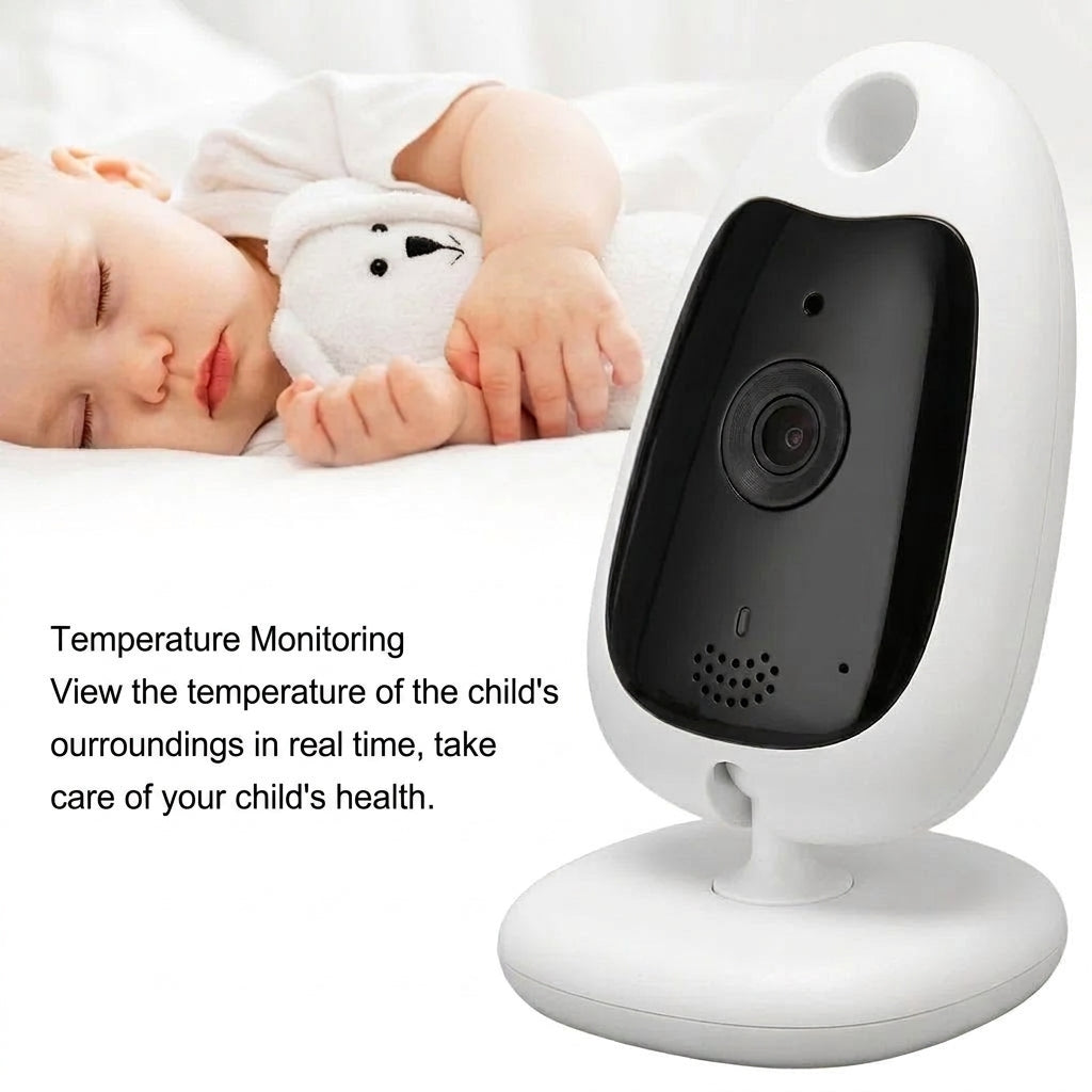 A white baby monitor camera next to a sleeping baby, highlighting real-time room temperature monitoring for child safety.
