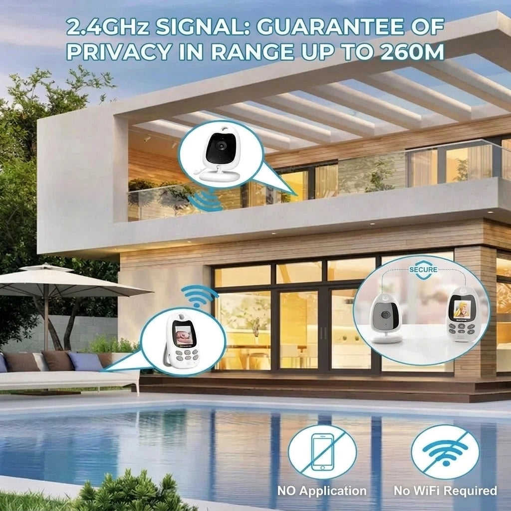 A baby monitor camera system shown in a modern home setting, highlighting its 260-metre range and secure, app-free connection.