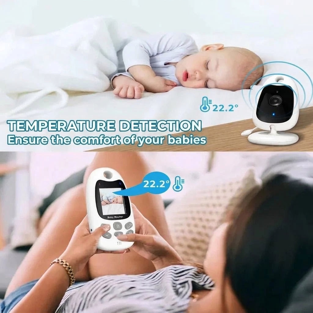 A parent checks a baby monitor screen showing a sleeping infant and the room temperature, with a camera unit nearby.