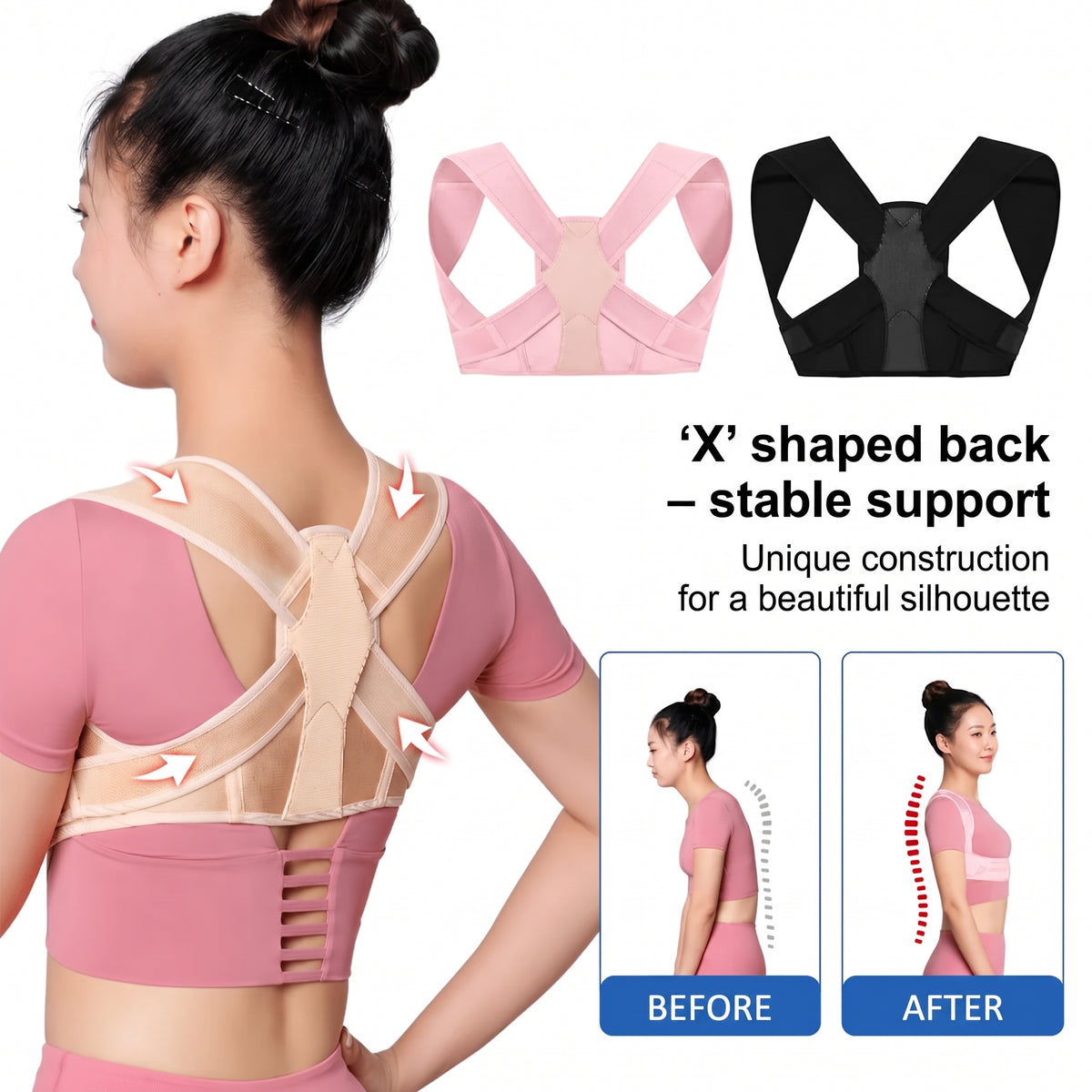 A woman wearing a beige posture corrector brace, showing before and after results for improved spinal alignment.