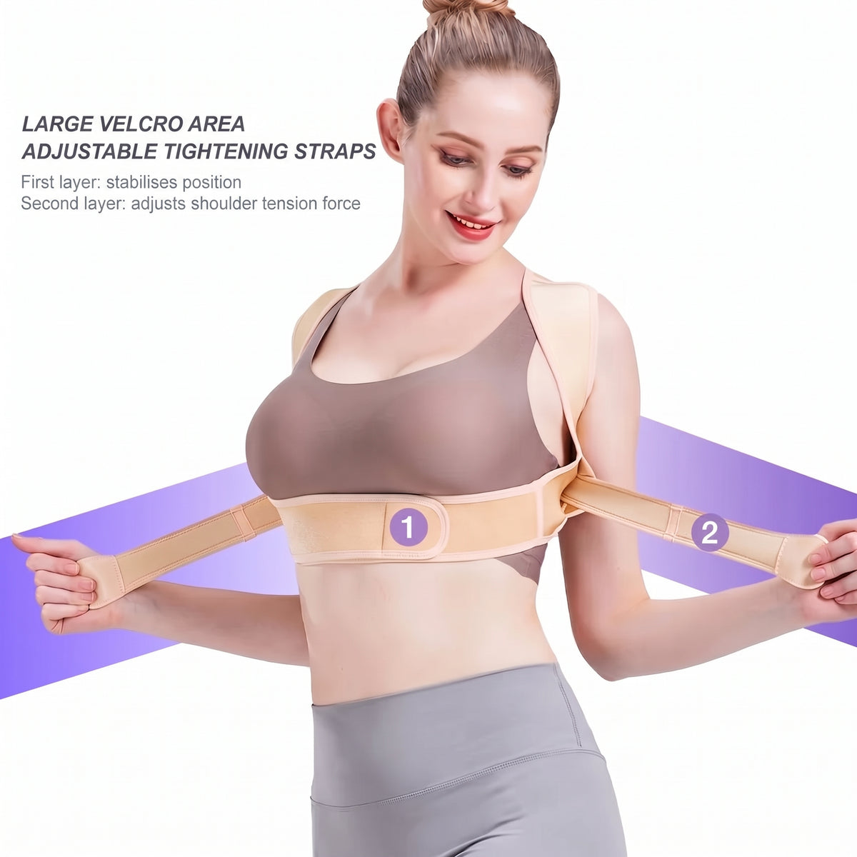 A woman wearing a beige back posture corrector brace, demonstrating the two-step adjustment straps for shoulder support.