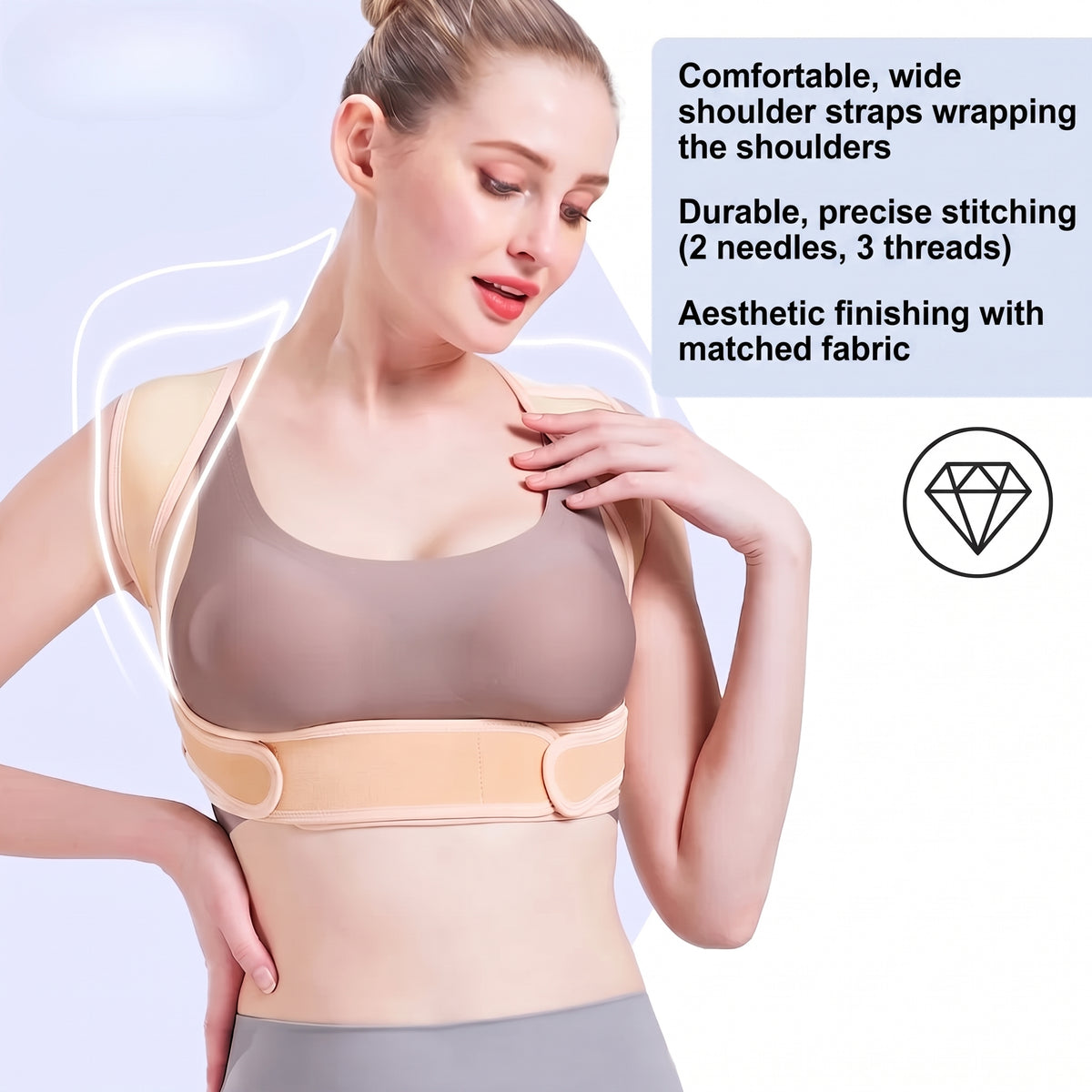 A woman wearing a beige back posture corrector brace with wide, comfortable straps and durable stitching.