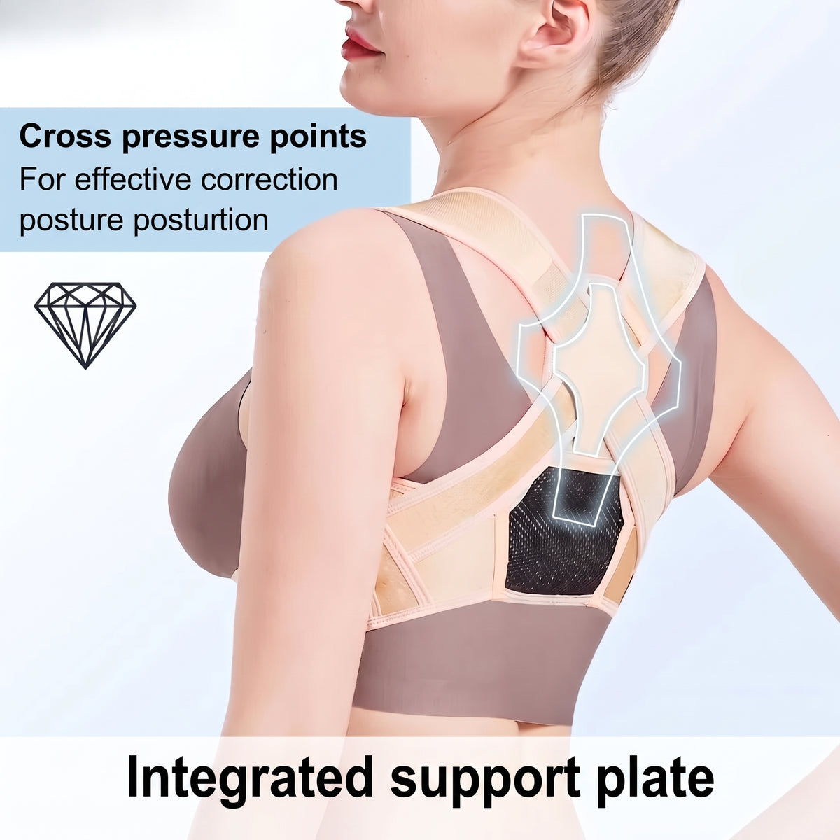 A woman wearing a beige back posture corrector brace that features a supportive plate and cross-strap design.