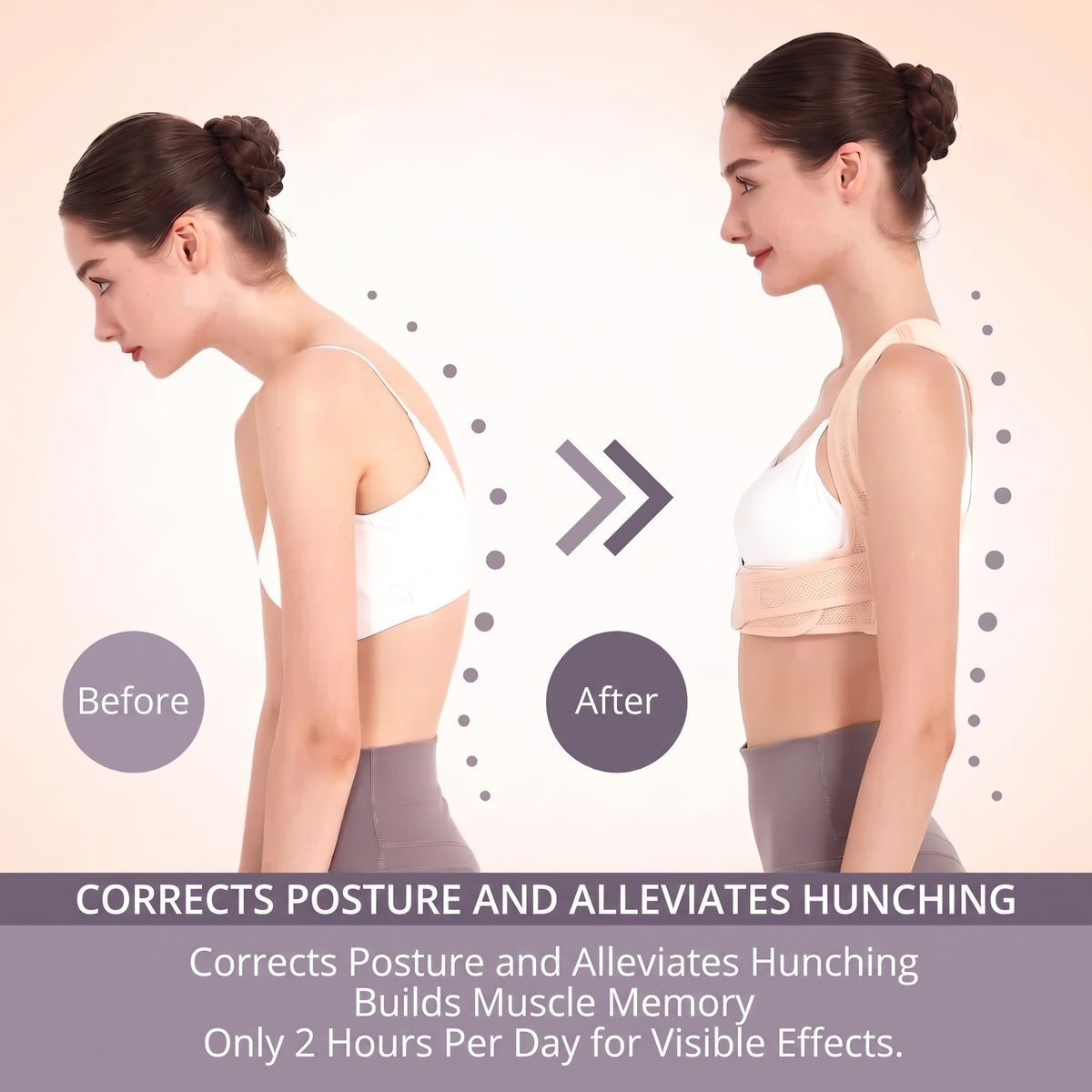 A woman demonstrating the effectiveness of a back posture corrector brace, showing improved alignment before and after use.