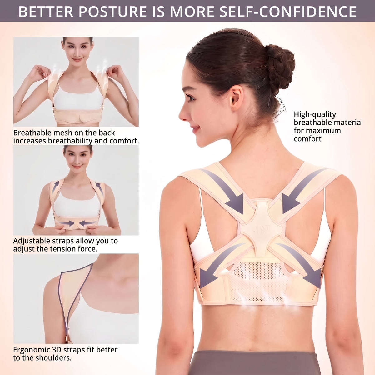 A woman wearing a beige back posture corrector brace, showing its adjustable straps, breathable mesh, and ergonomic 3D design.