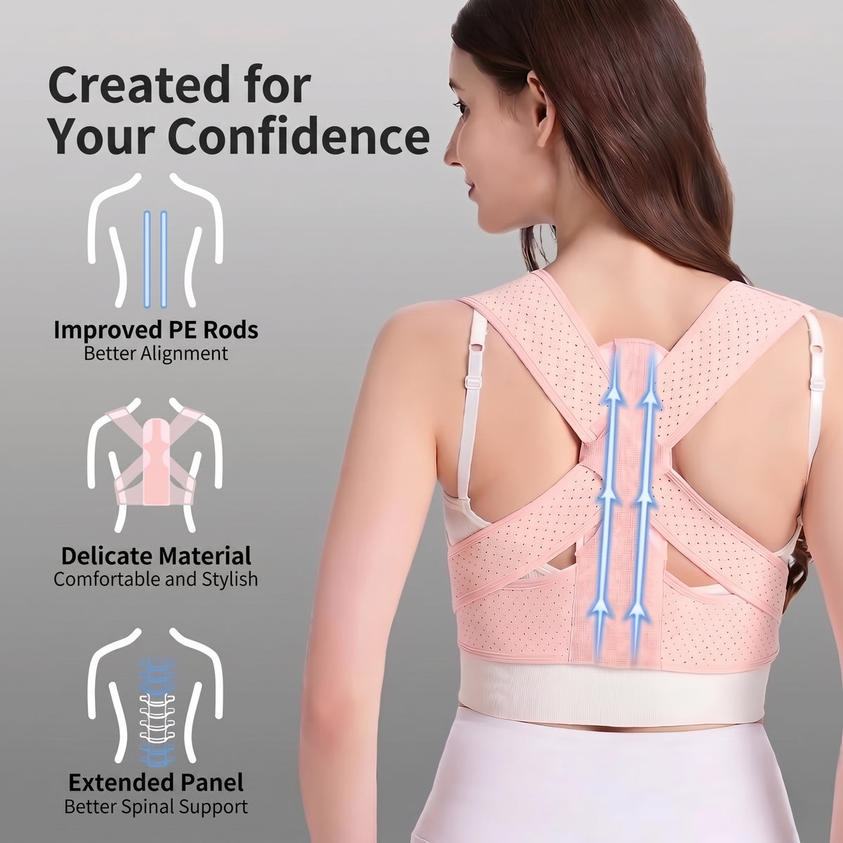 A woman wearing a pink back posture corrector brace, with diagrams highlighting the PE rods, soft material, and extended panel.