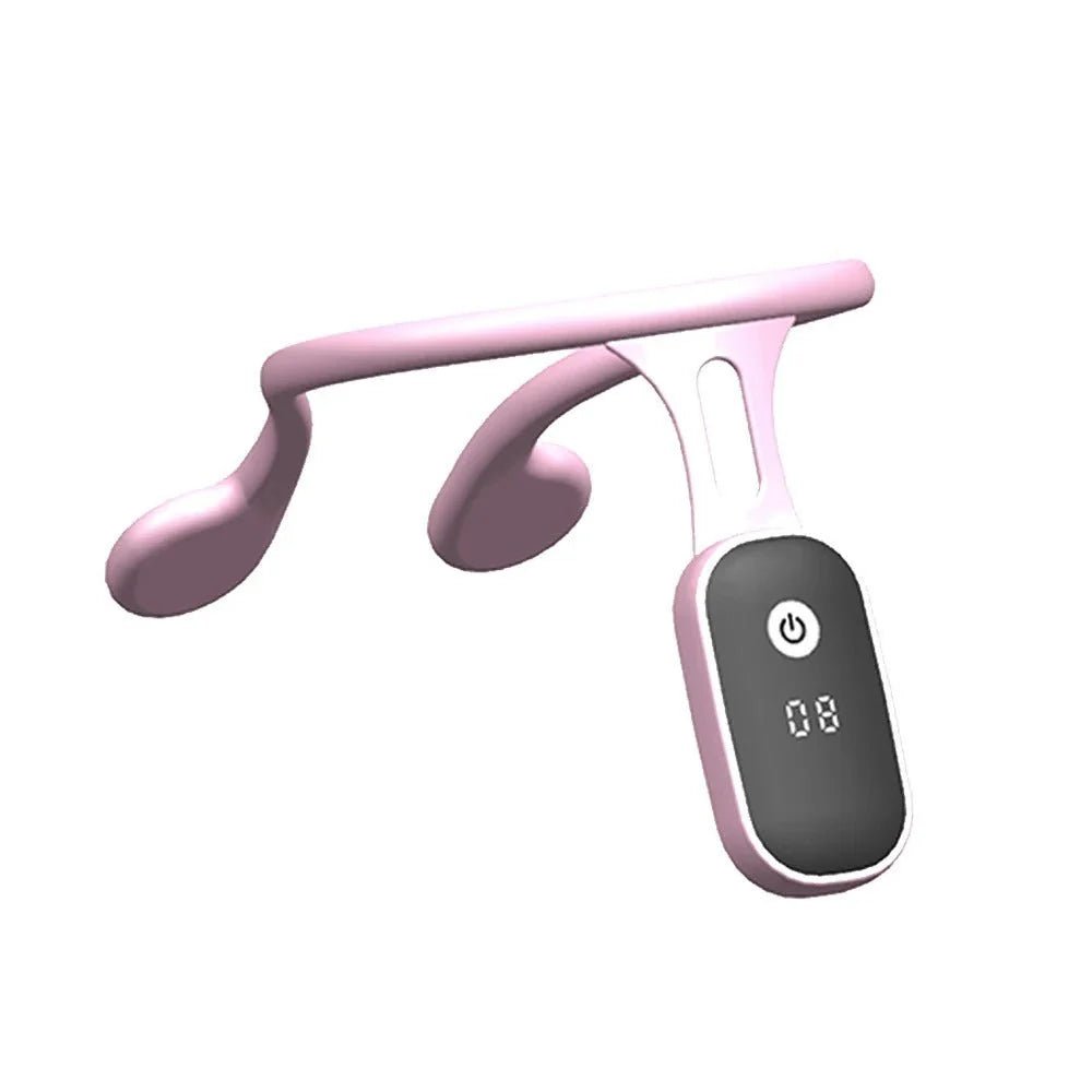 A pink wearable posture corrector device with a digital display showing 08 and a power button icon.