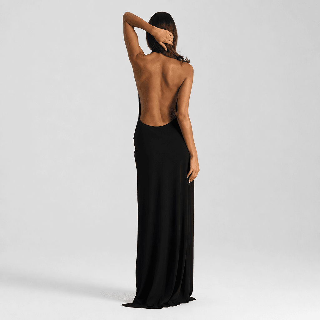 Backless Satin Evening Maxi Dress – Halter Neck, High Side Split, Formal Gown - We are MFEO