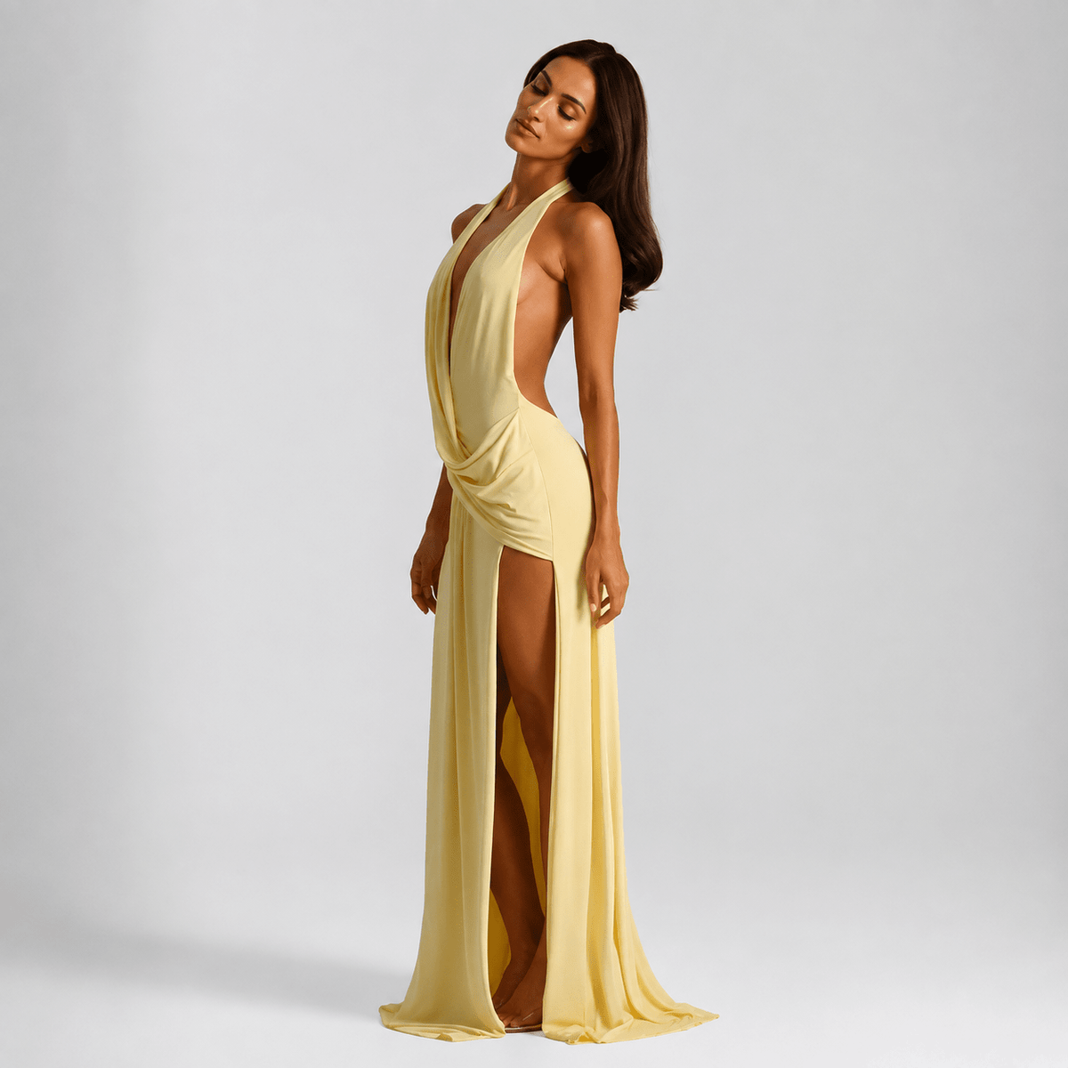 Backless Satin Evening Maxi Dress – Halter Neck, High Side Split, Formal Gown - We are MFEO