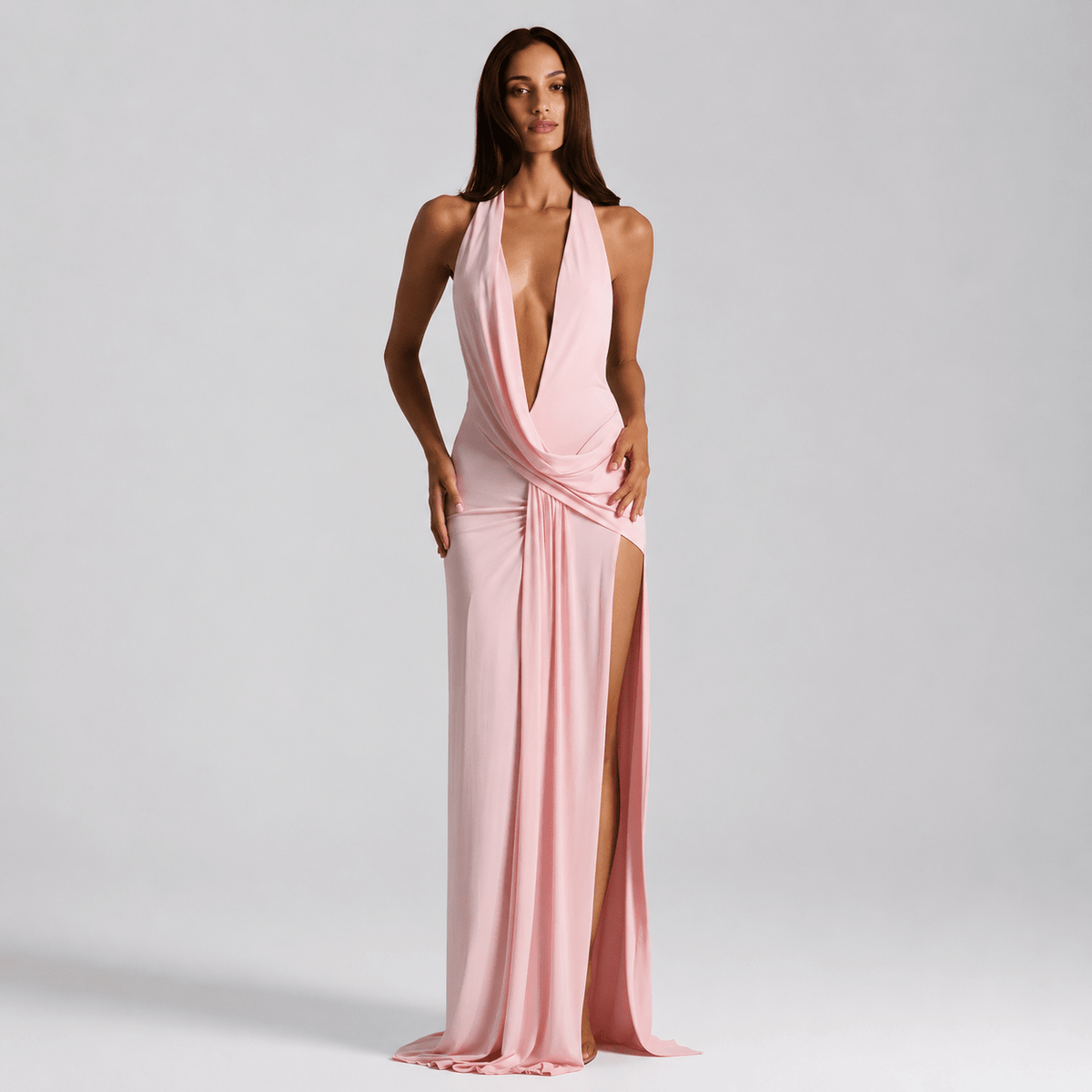 Backless Satin Evening Maxi Dress – Halter Neck, High Side Split, Formal Gown - We are MFEO