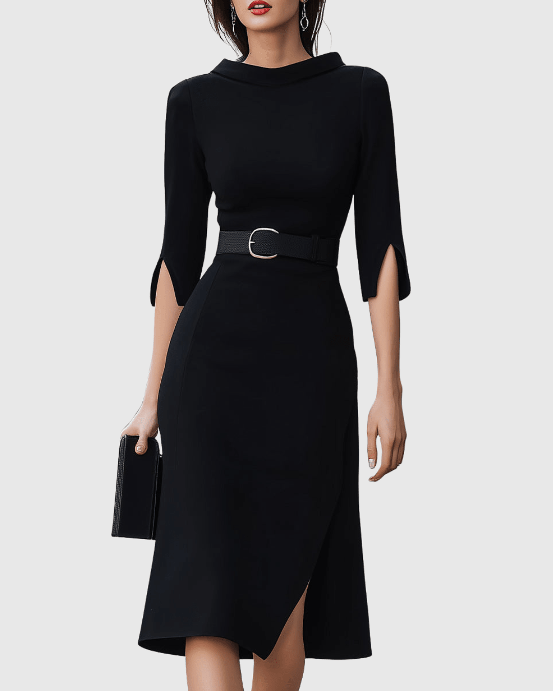 Belted Midi Dress – High Neck, Split Sleeves, Formal (Plus Size Available) - We are MFEO