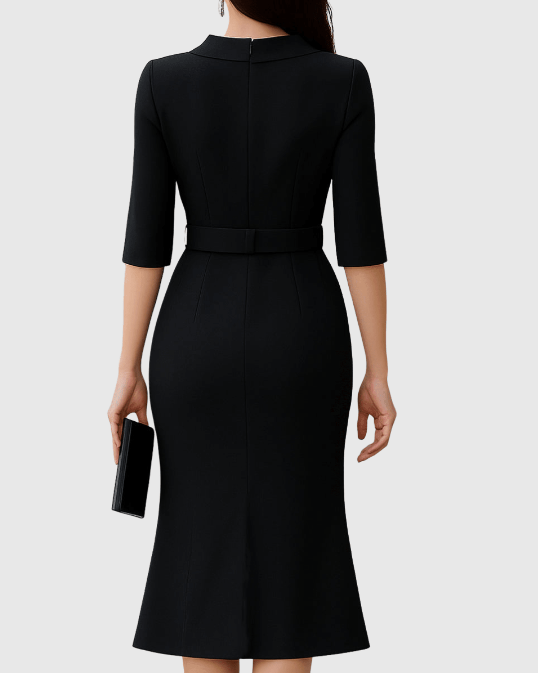 Belted Midi Dress – High Neck, Split Sleeves, Formal (Plus Size Available) - We are MFEO
