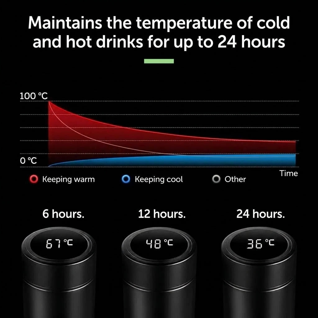 A performance graph showing a stainless steel thermos flask maintaining hot and cold beverage temperatures over 24 hours.