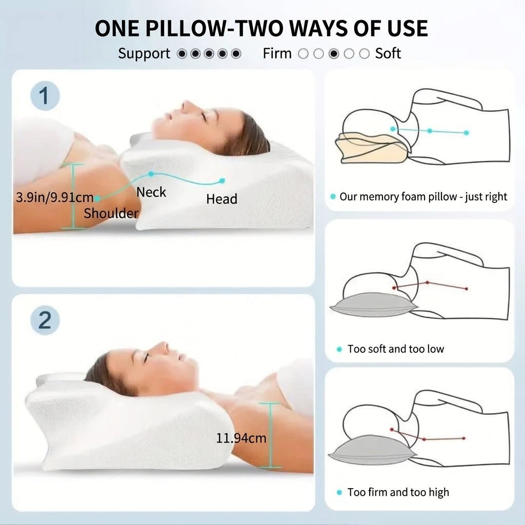 Diagram showing two ways to use an ergonomic memory foam pillow for correct neck alignment compared to pillows that are too soft or firm.