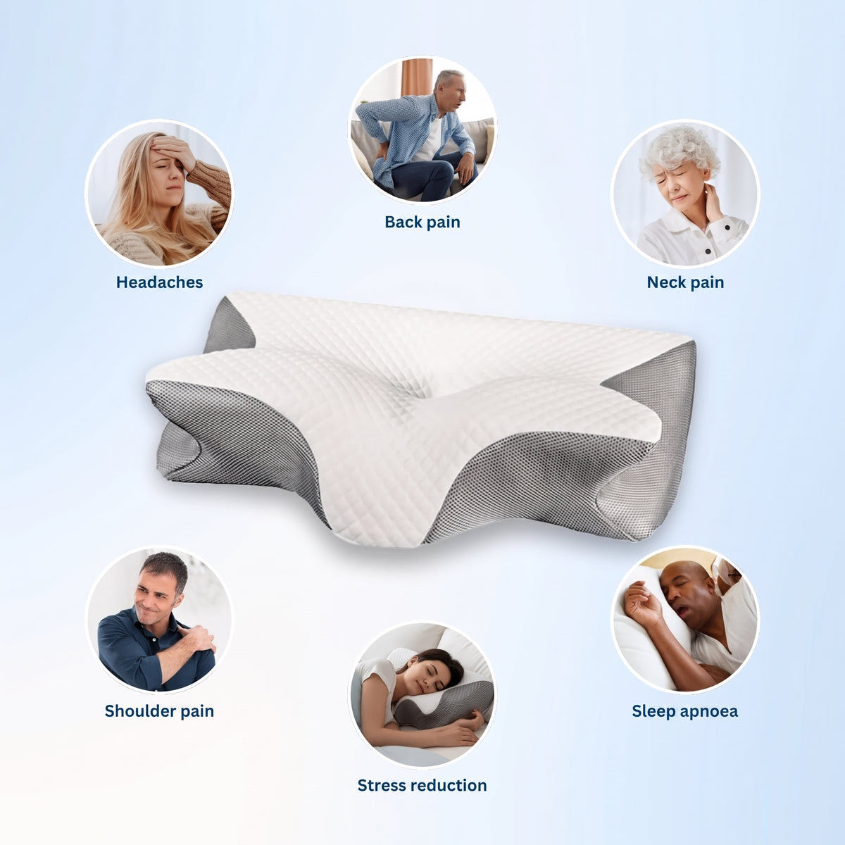 An ergonomic memory foam pillow surrounded by icons showing relief from headaches, back, neck, and shoulder pain.