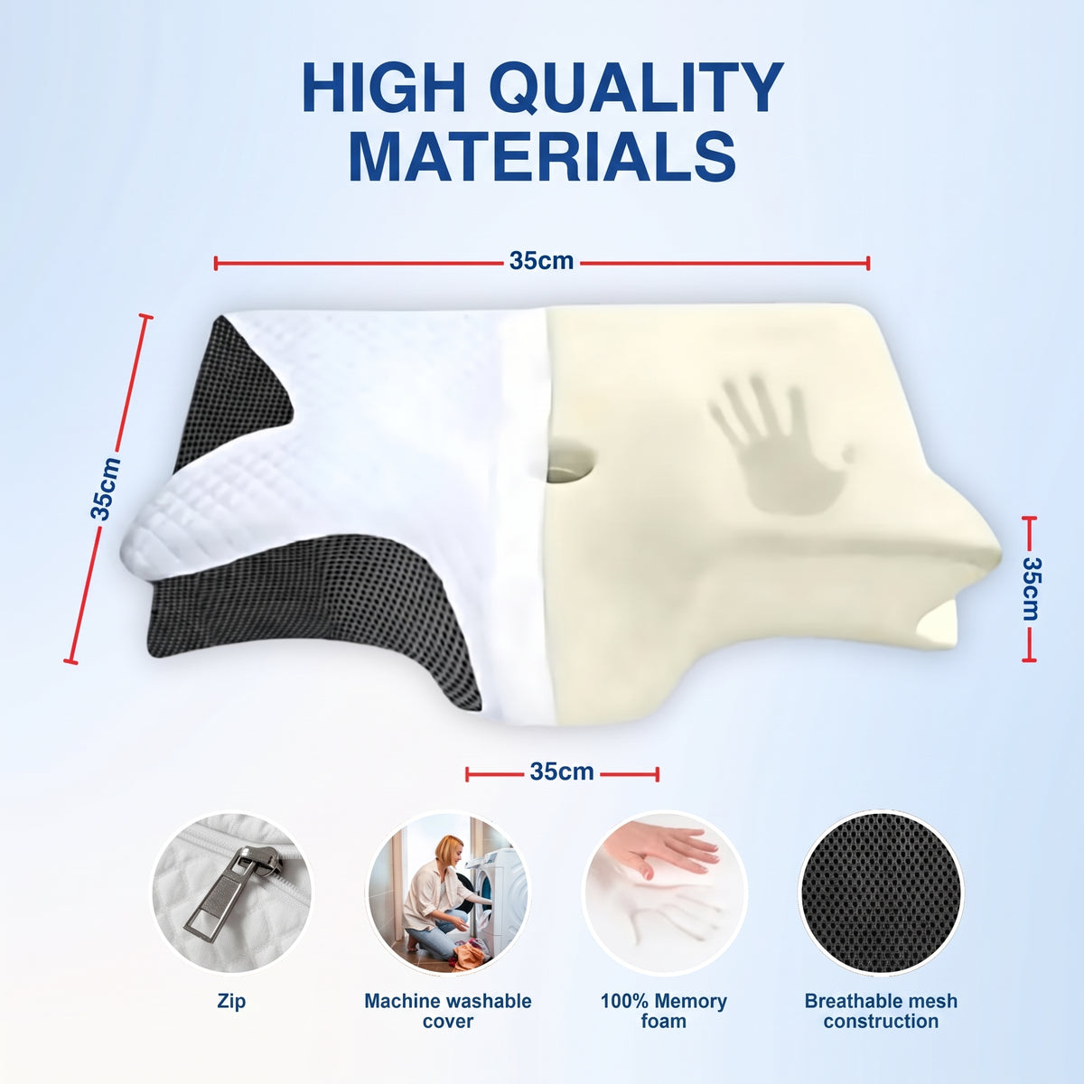 An ergonomic memory foam pillow with a breathable mesh cover, showing dimensions of 35cm and features like a washable cover.