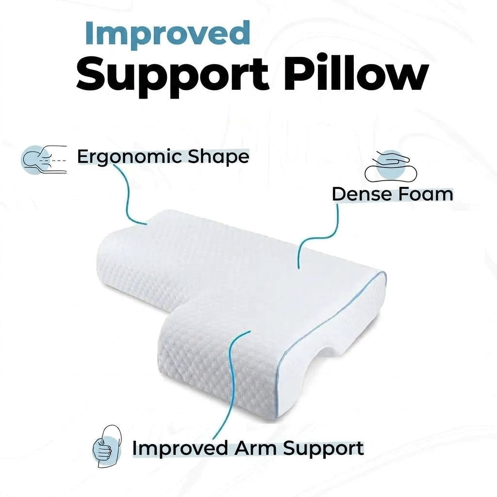 An ergonomic memory foam pillow with a shoulder tunnel design to provide improved support for side sleepers.
