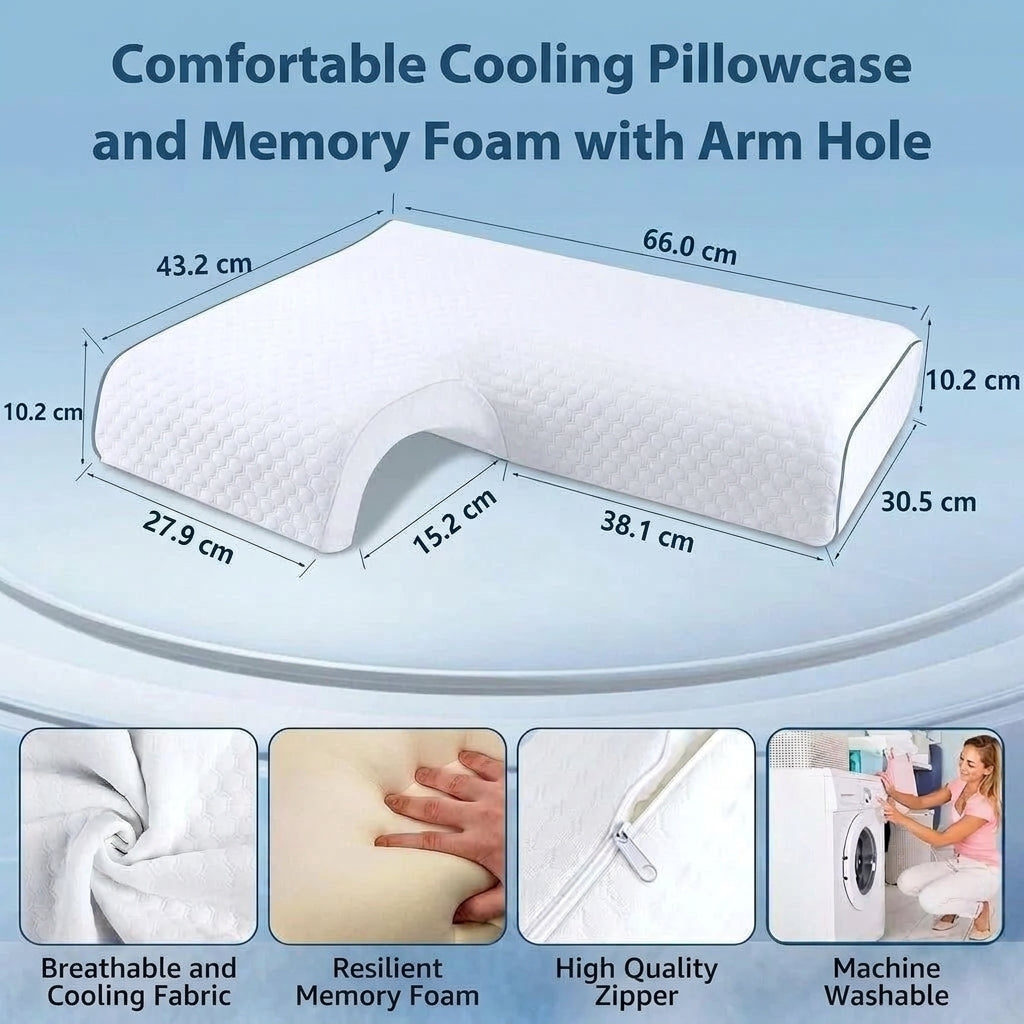 An ergonomic memory foam pillow with a shoulder tunnel, showing dimensions and features like cooling fabric and a machine-washable cover.