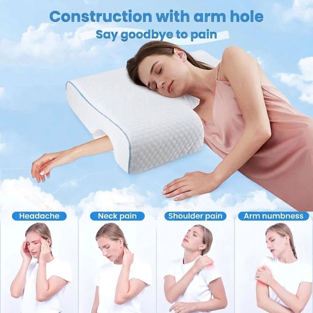 A woman sleeping on an orthopedic memory foam pillow with a shoulder tunnel, illustrating relief from neck and arm pain.