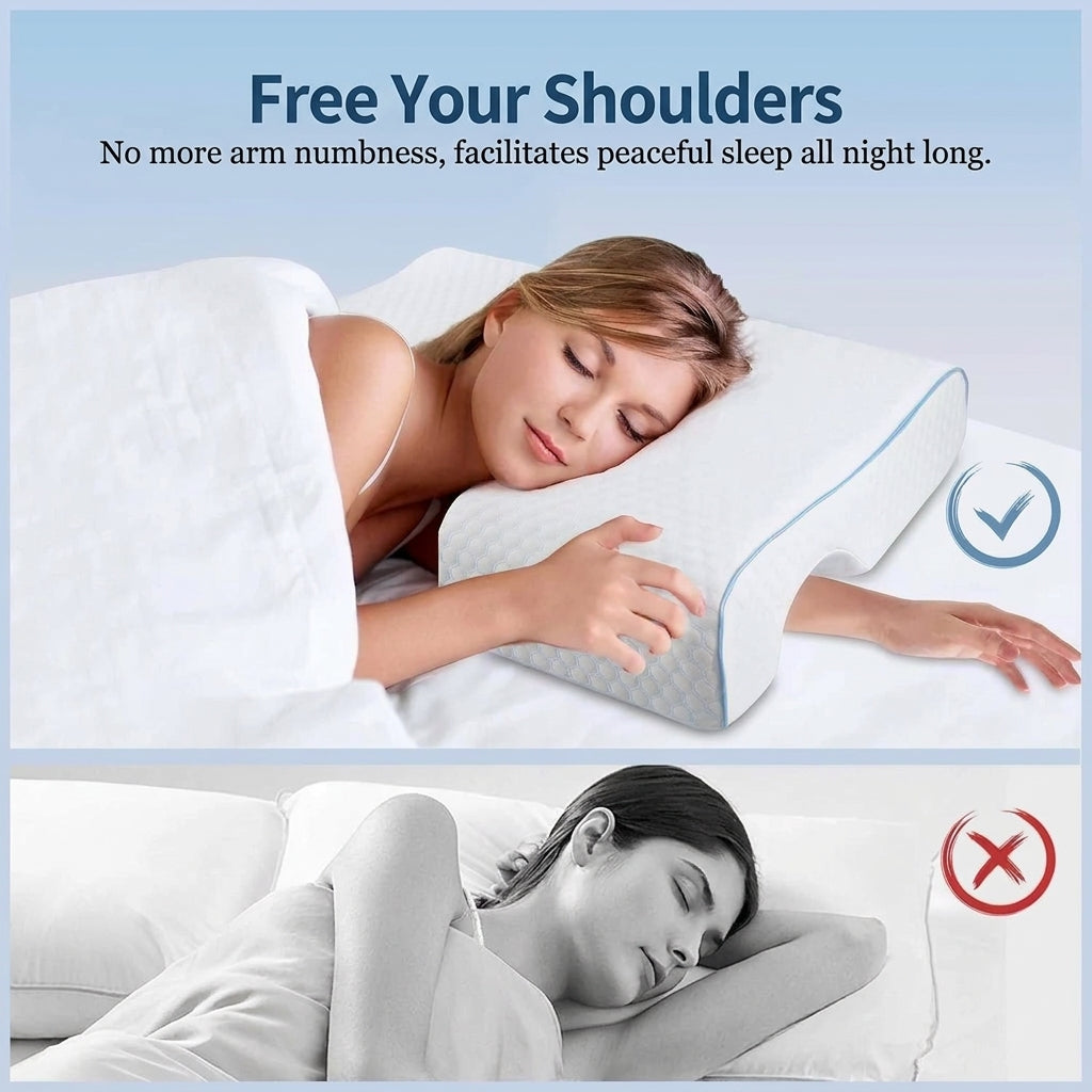 A woman sleeping comfortably on an orthopedic memory foam pillow with a shoulder tunnel, compared to an uncomfortable position.
