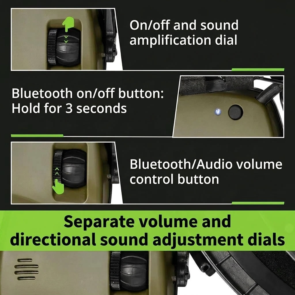 Close-up diagrams showing the controls on tactical Bluetooth earmuffs, including power, volume, and audio adjustment dials.