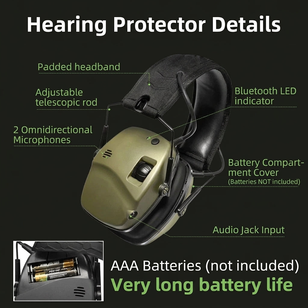 Olive green Bluetooth earmuffs for shooting with labels pointing to the padded headband, telescopic rod, and battery compartment.
