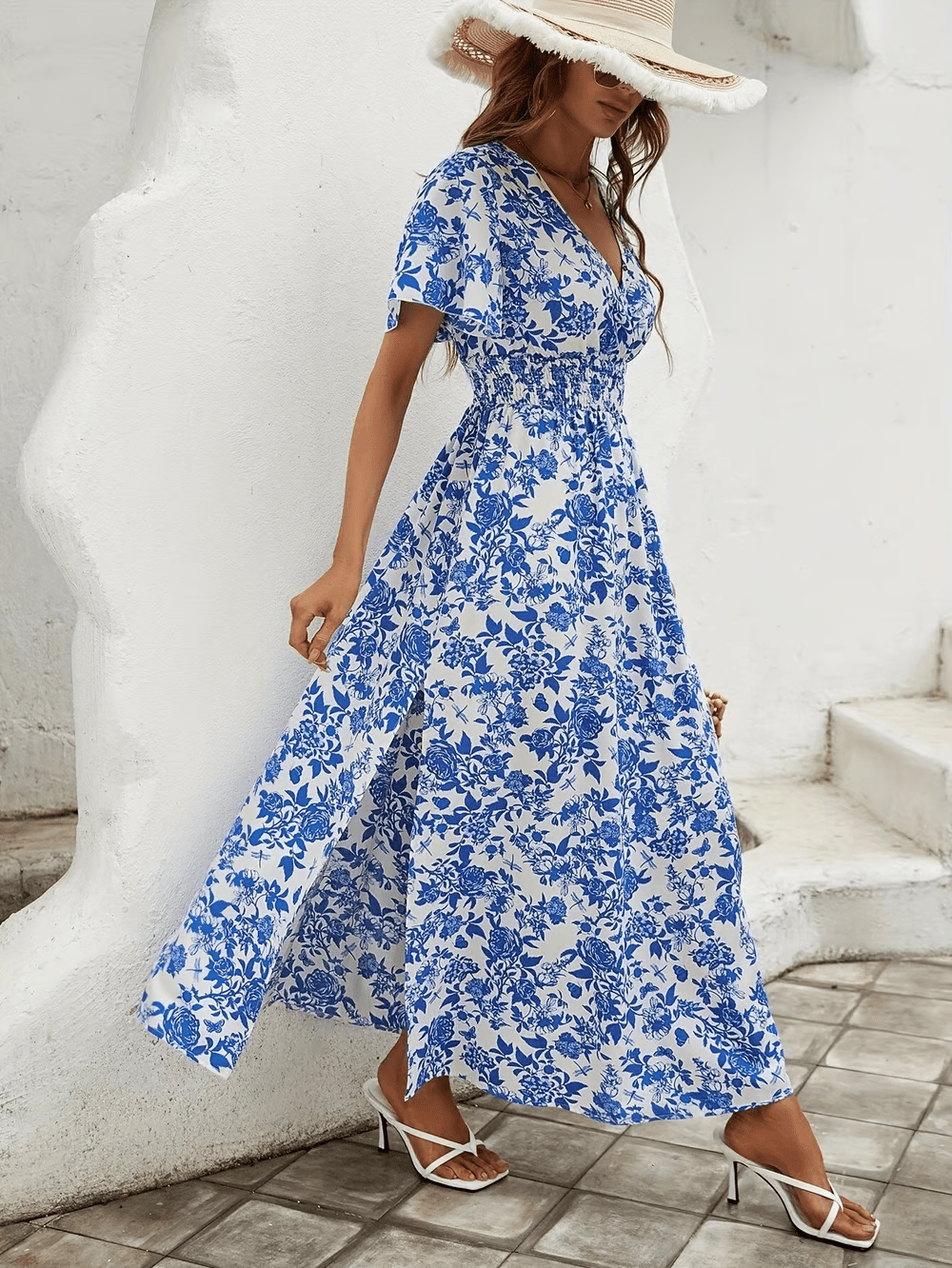 Bohemian V-Neck Beach Dress for Summer – Flowing Silhouette with Blue Pattern - We are MFEO