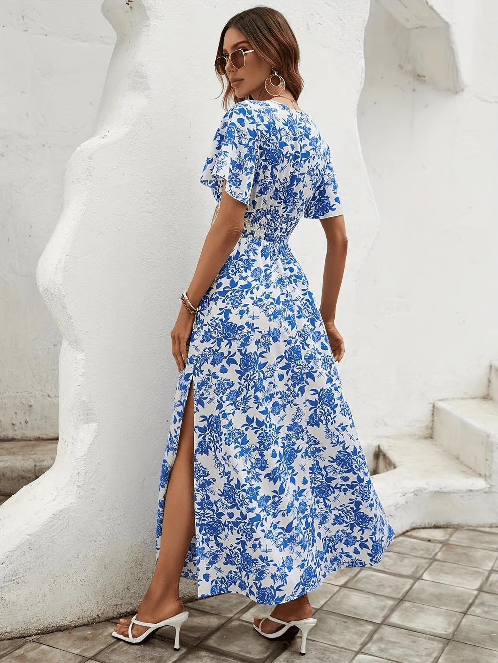 Bohemian V-Neck Beach Dress for Summer – Flowing Silhouette with Blue Pattern - We are MFEO