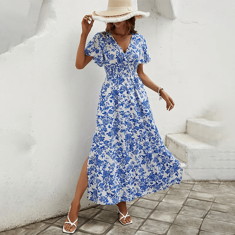 Bohemian V-Neck Beach Dress for Summer – Flowing Silhouette with Blue Pattern - We are MFEO