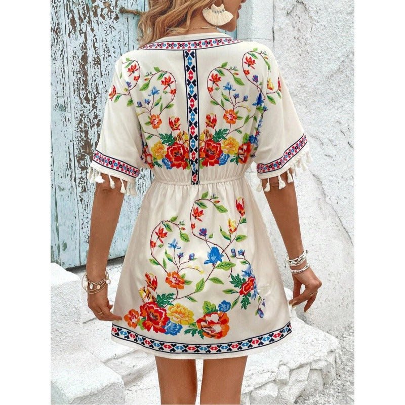 Boho Floral Mini Summer Dress with Tassel Sleeves and Elastic Waist - We are MFEO