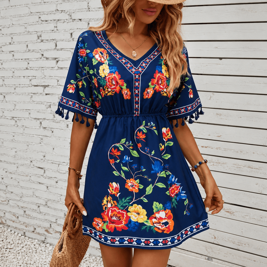 Boho Floral Mini Summer Dress with Tassel Sleeves and Elastic Waist - We are MFEO