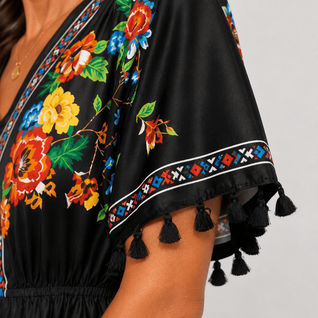 Boho Floral Mini Summer Dress with Tassel Sleeves and Elastic Waist - We are MFEO