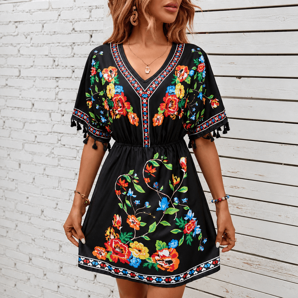 Boho Floral Mini Summer Dress with Tassel Sleeves and Elastic Waist - We are MFEO