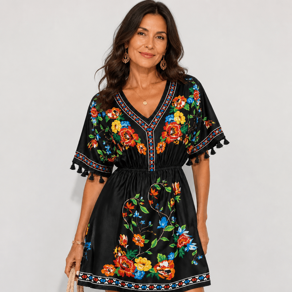 Boho Floral Mini Summer Dress with Tassel Sleeves and Elastic Waist - We are MFEO
