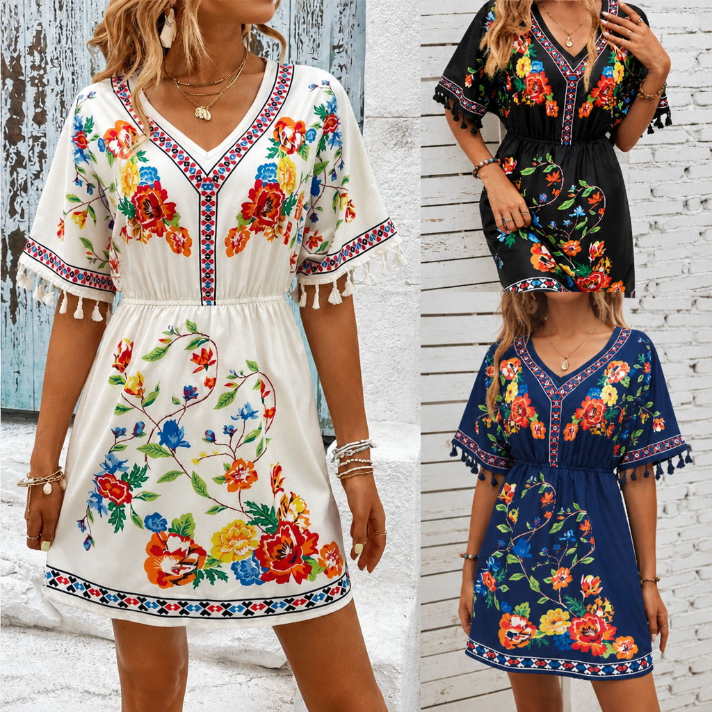 Boho Floral Mini Summer Dress with Tassel Sleeves and Elastic Waist - We are MFEO