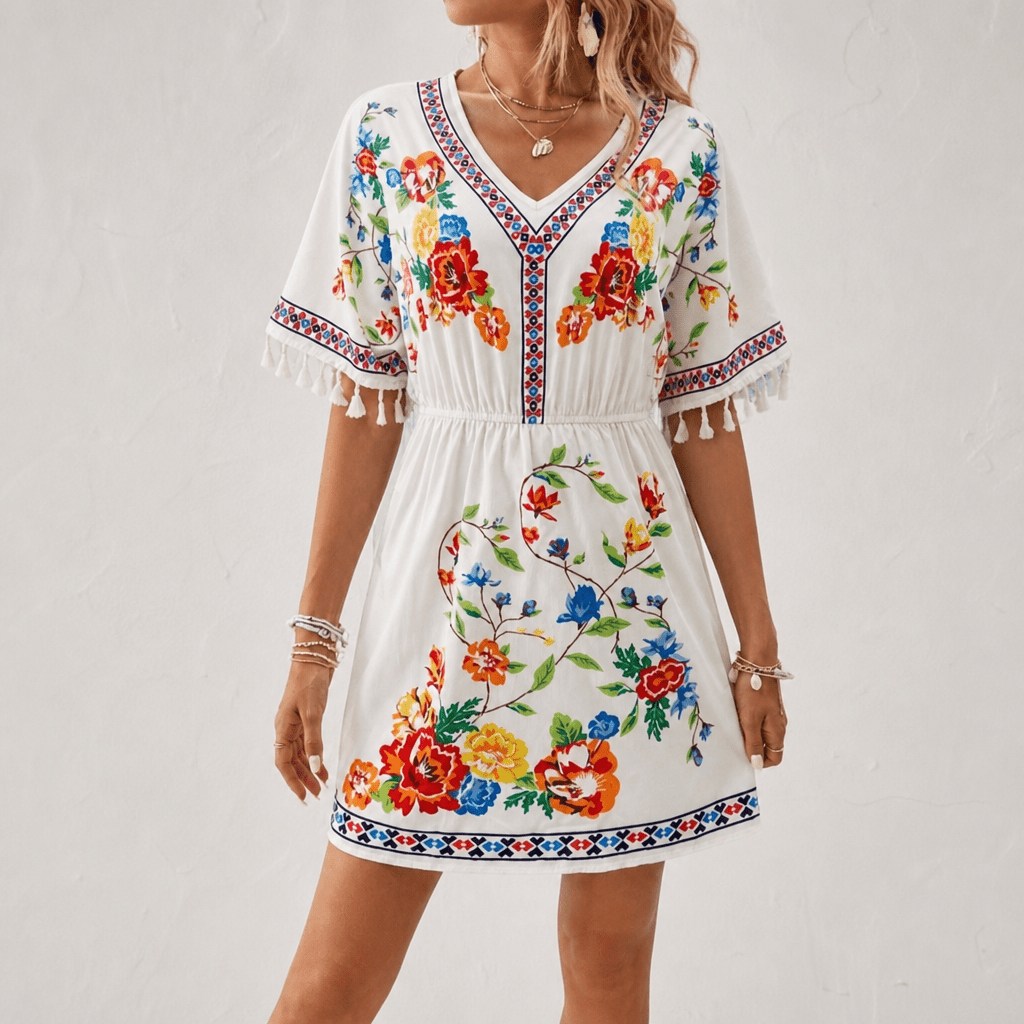 Boho Floral Mini Summer Dress with Tassel Sleeves and Elastic Waist - We are MFEO