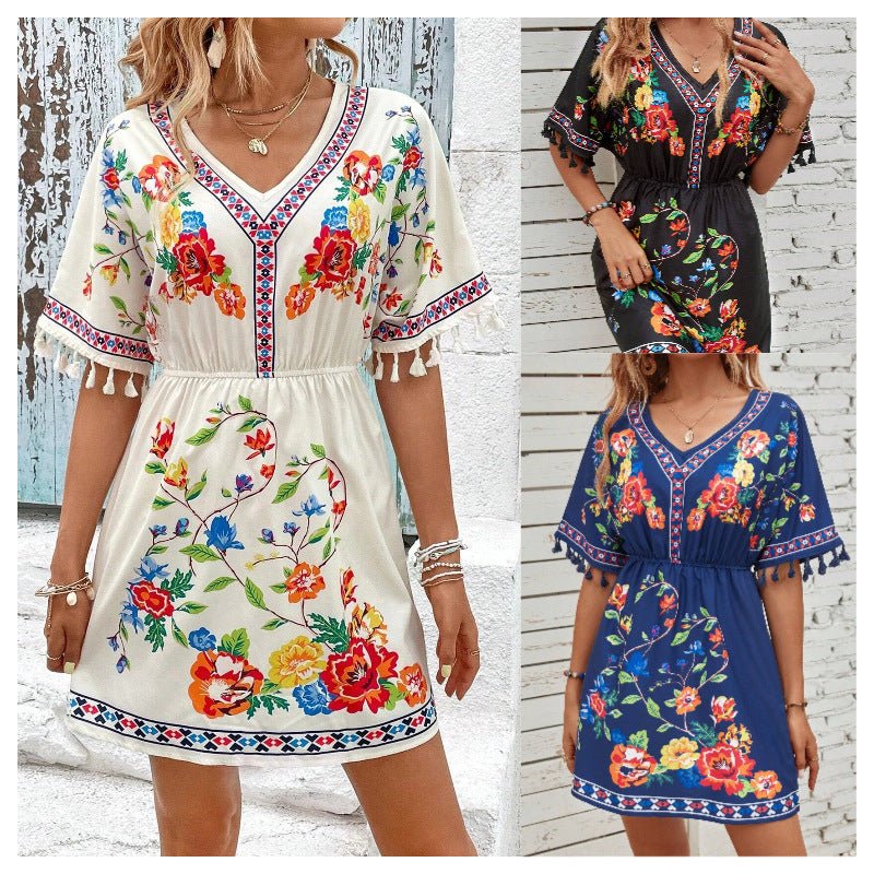 Boho Floral Mini Summer Dress with Tassel Sleeves and Elastic Waist - We are MFEO