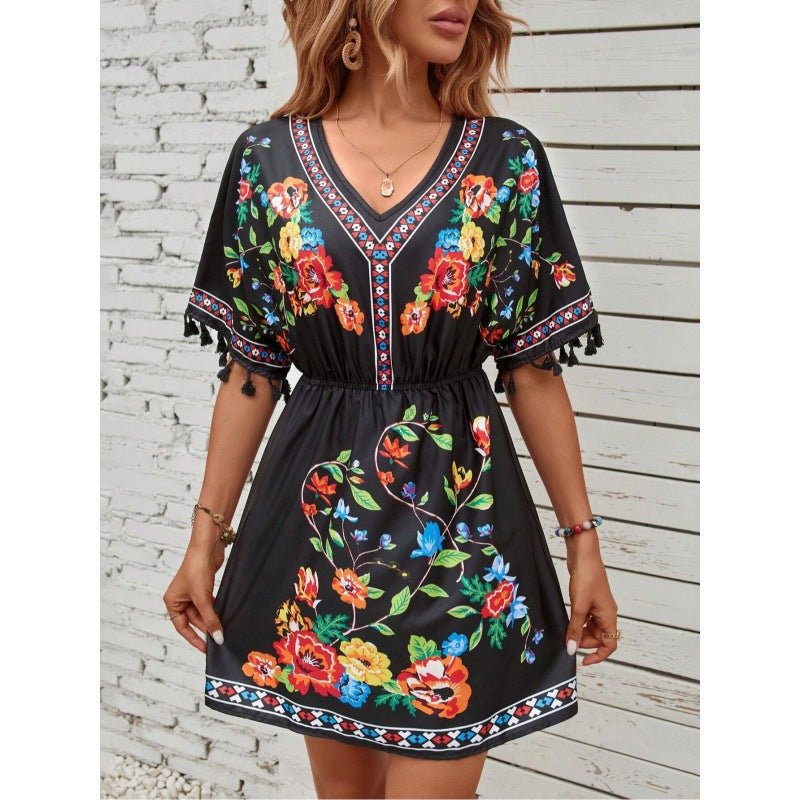 Boho Floral Mini Summer Dress with Tassel Sleeves and Elastic Waist - We are MFEO