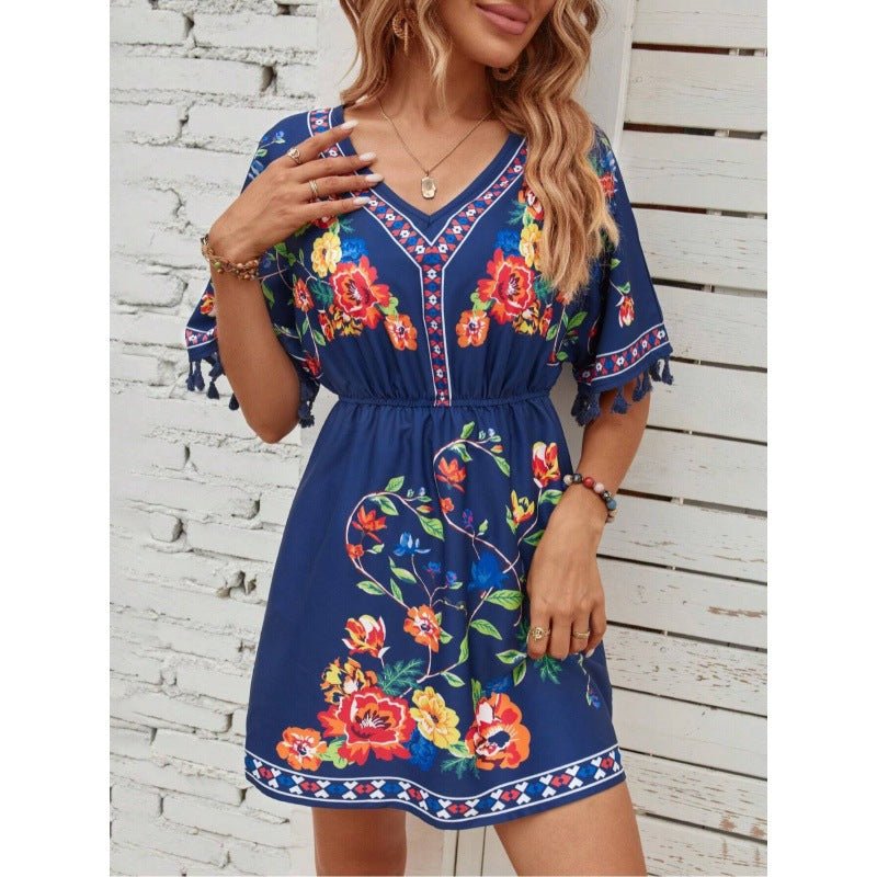 Boho Floral Mini Summer Dress with Tassel Sleeves and Elastic Waist - We are MFEO