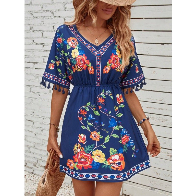 Boho Floral Mini Summer Dress with Tassel Sleeves and Elastic Waist - We are MFEO