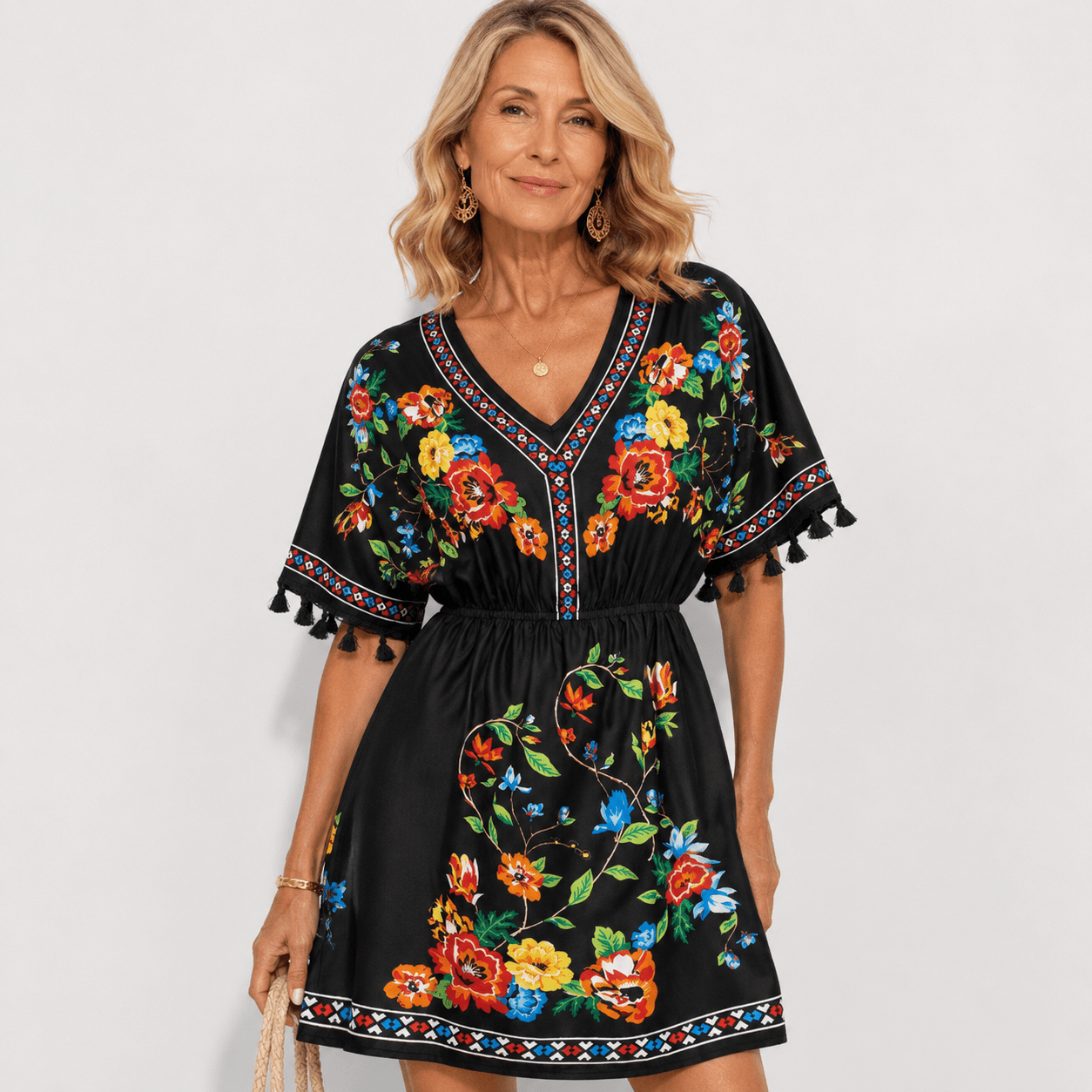 Boho Floral Mini Summer Dress with Tassel Sleeves and Elastic Waist - We are MFEO