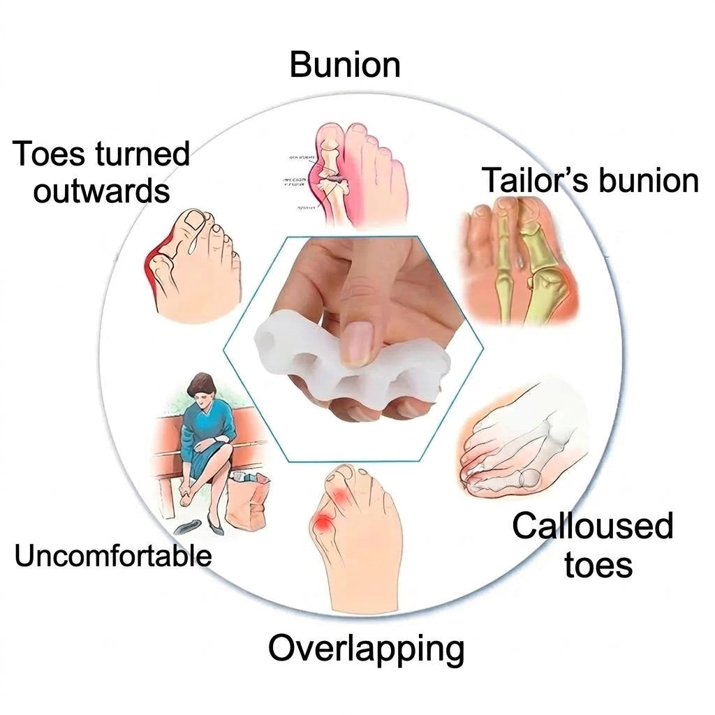 A silicone toe separator held in a hand, surrounded by diagrams illustrating foot conditions like bunions and overlapping toes.